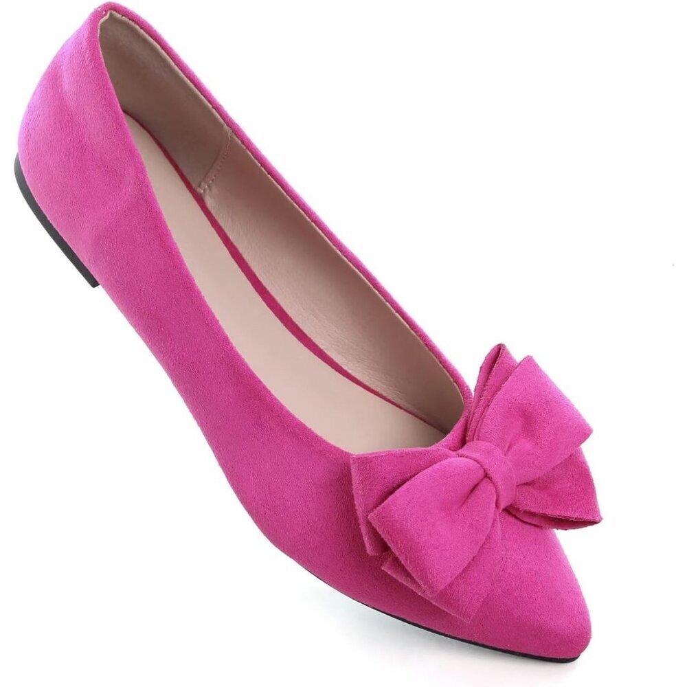 Women's Rose Pink Bowknot Ballet Flats Pointy Toe Casual Flat Shoes Suede - Picture 7 of 7